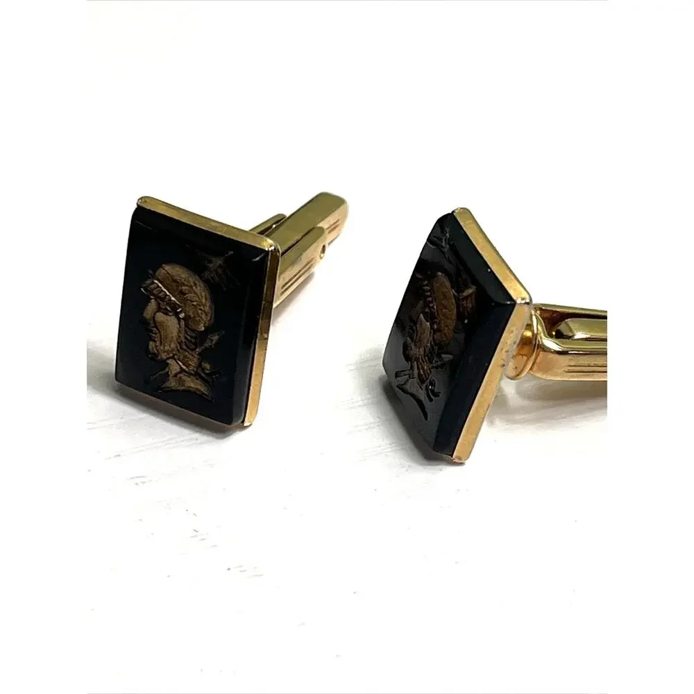 Vintage Hickok Roman Soldier Cufflinks Black Intaglio Glass Gold Tone